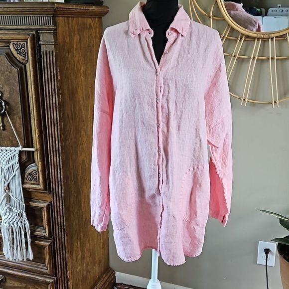 Chico's Striped Linen 3/4 Sleeve‎ Button Down with Button Up Cuffs Sz 2 - Picture 2 of 16